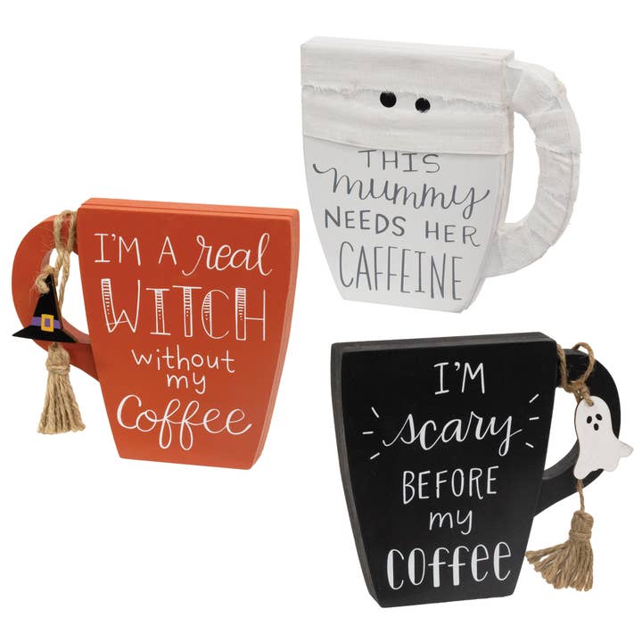 Wooden Halloween Mug Sitter, 3 Assorted for wholesale by The Hearthside Collection