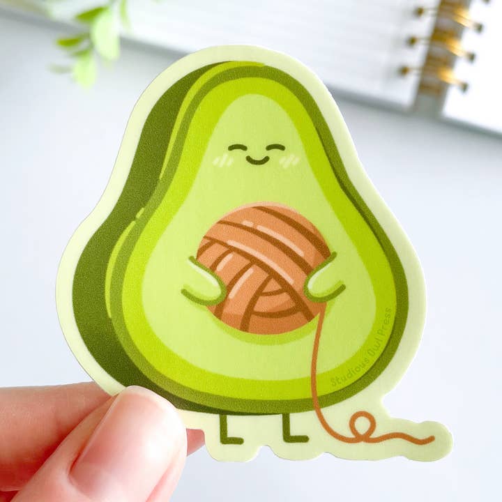 Cute Avocado Yarn Waterproof Matte Vinyl Sticker for wholesale by Studious Owl Press