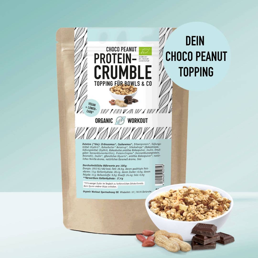 Organic Workout – wholesale Protein/superfood powder – Choco Peanut Protein Crumble – organic, vegan with extra protein0
