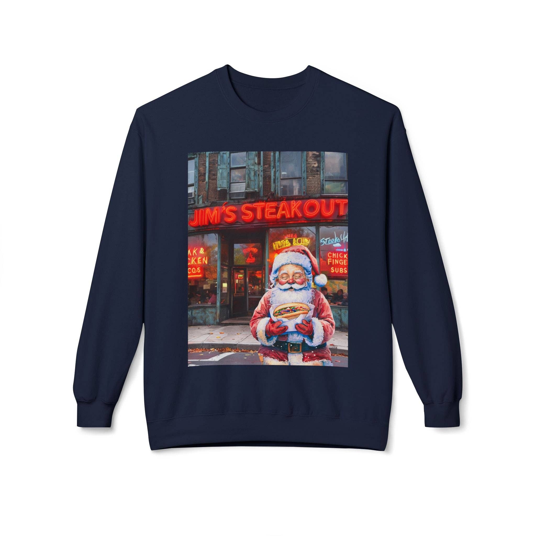 Buffalovely - Wholesale Graphic Sweatshirt - Unisex - Santa with a Hoagie at Jim's Steakout Unisex Cozy Crewneck Sweatshirt7