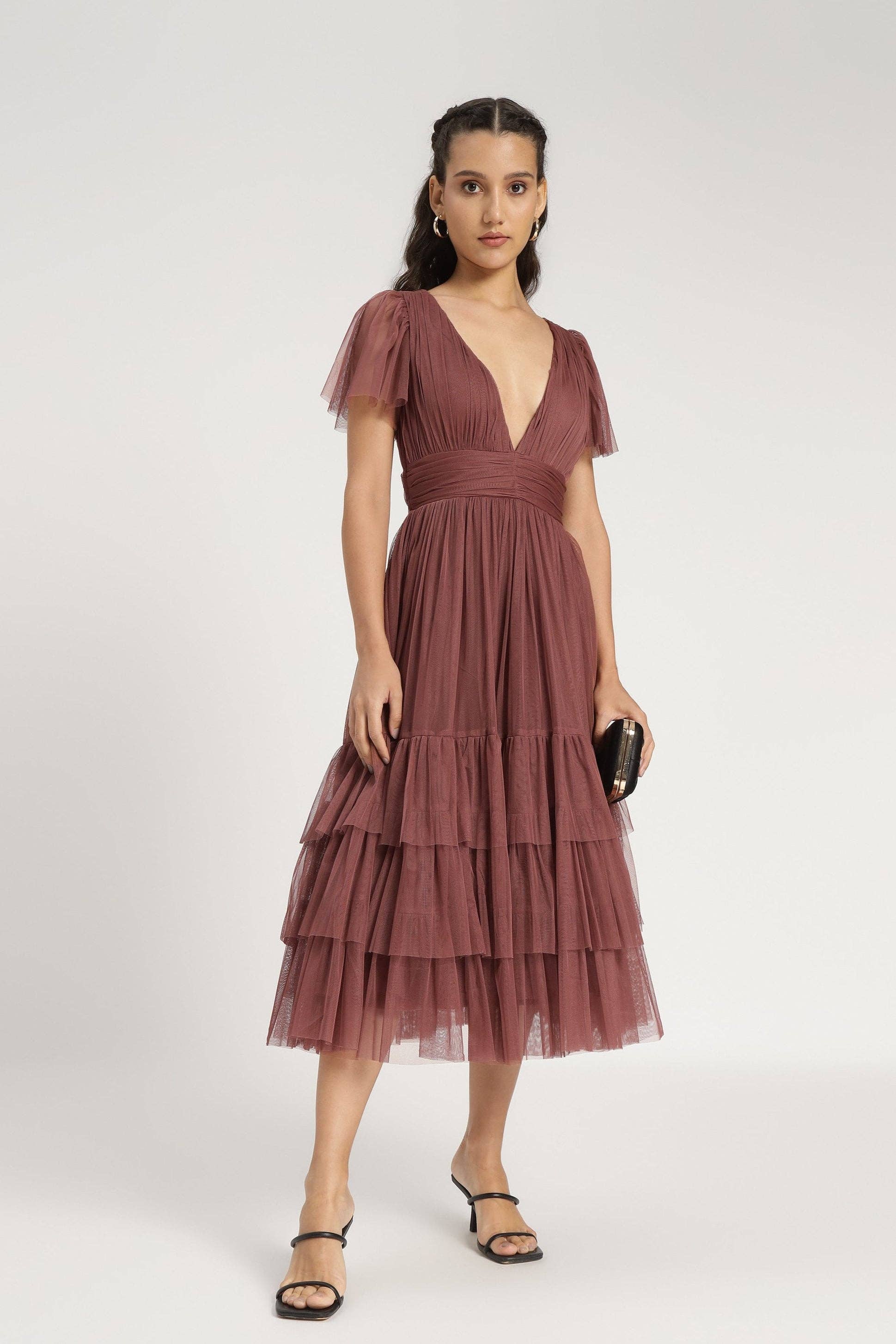 Madison Rose Brown Tulle Bridesmaid Midi Dress for wholesale on Faire6