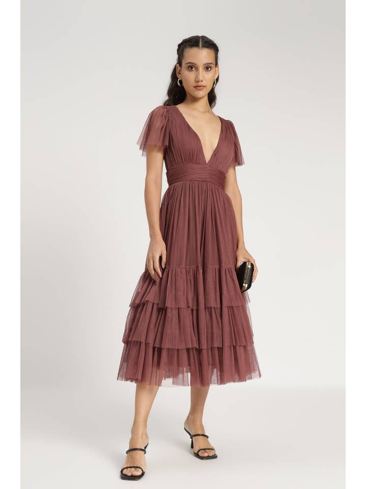 Madison Rose Brown Tulle Bridesmaid Midi Dress for wholesale on Faire6