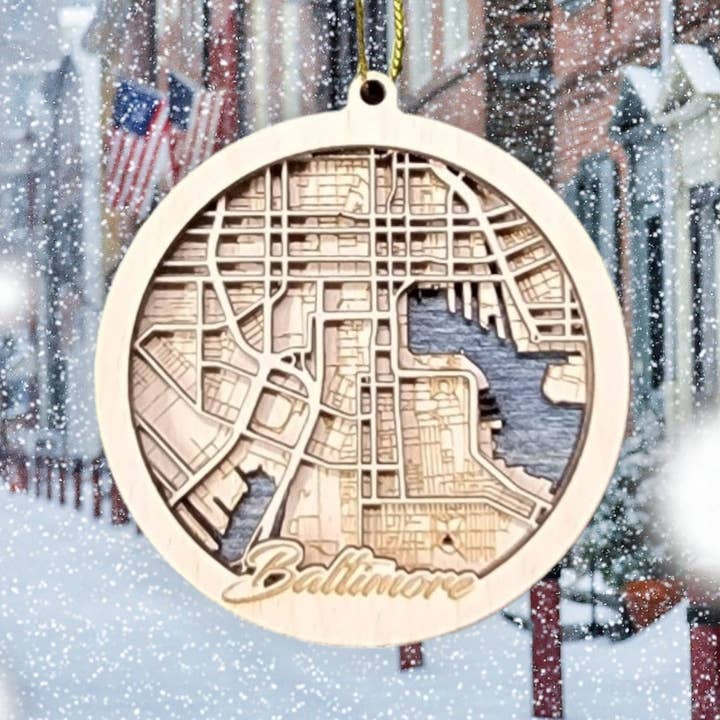 Baltimore 3D Map Ornament | Laser Engraved Wood for wholesale by LeRoy Woodworks