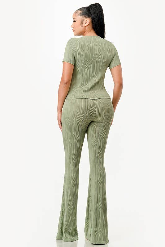 Color 5 - Wholesale Top & Pant Set (NOT Loungewear) - Women's - Solid color wavy bliss casual top with flare pants set 9