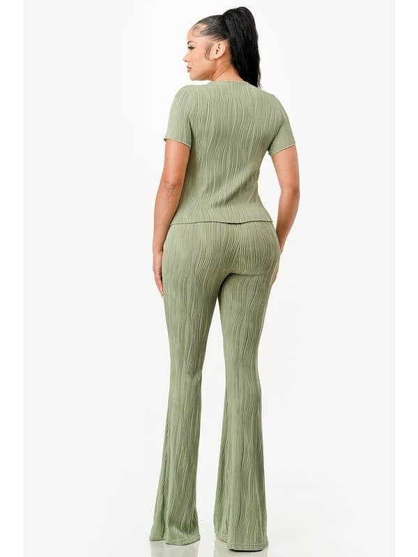 Color 5 - Wholesale Top & Pant Set (NOT Loungewear) - Women's - Solid color wavy bliss casual top with flare pants set 9