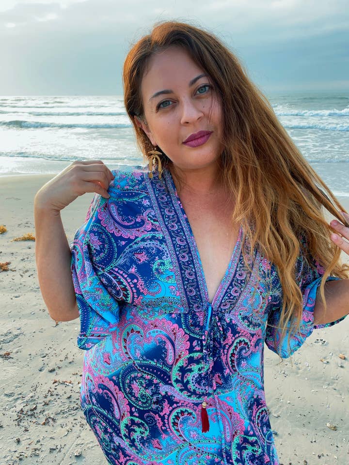 Pink and Silver – wholesale Klänning - Dam – Dubbel V-ringad Bohemisk Maxi Silkesklänning (Marinblå/Rosa)