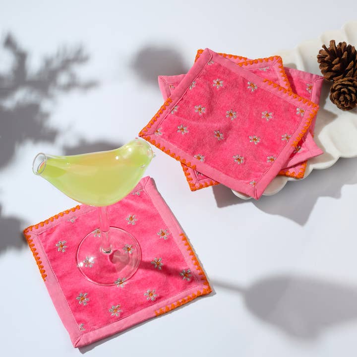 Pink Blossom Embroidered Cocktail Napkins for wholesale by Tiramisu