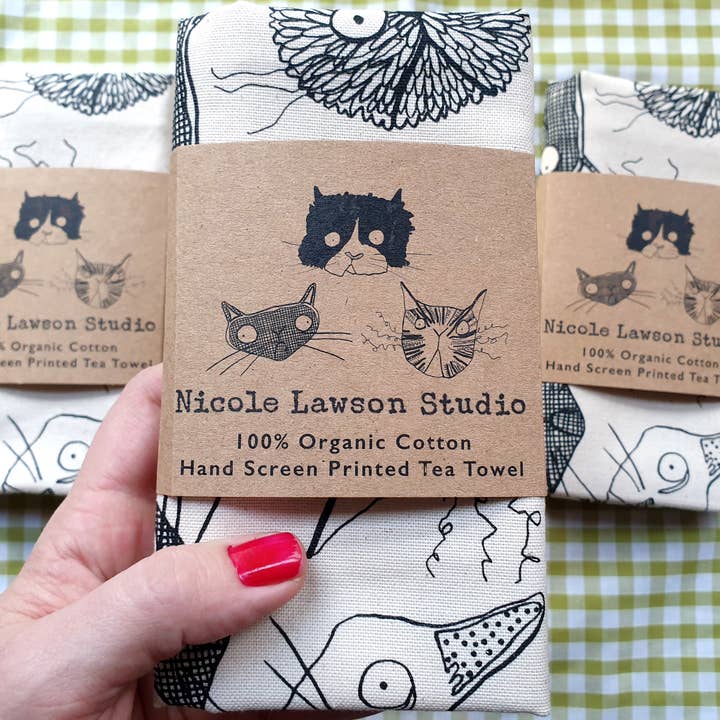 Theedoek voor katten, 100% biologisch katoen, met de hand gezeefdrukt voor wholesale door Nicole Lawson Studio