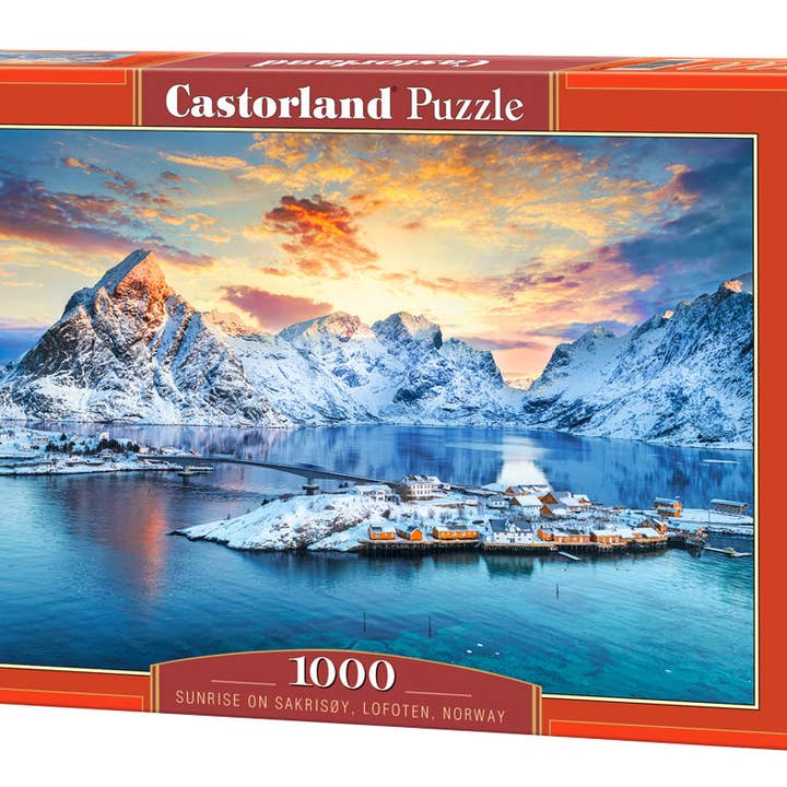 Puzzle de 1000 pièces, Lever de soleil sur Sakrisøy, Lofoten, Norvège, Montagnes majestueuses, Superbe coucher de soleil arctique, Puzzle pour adultes, Castorland C-105366-2 pour la vente par CASTORLAND by Bridge Toys
