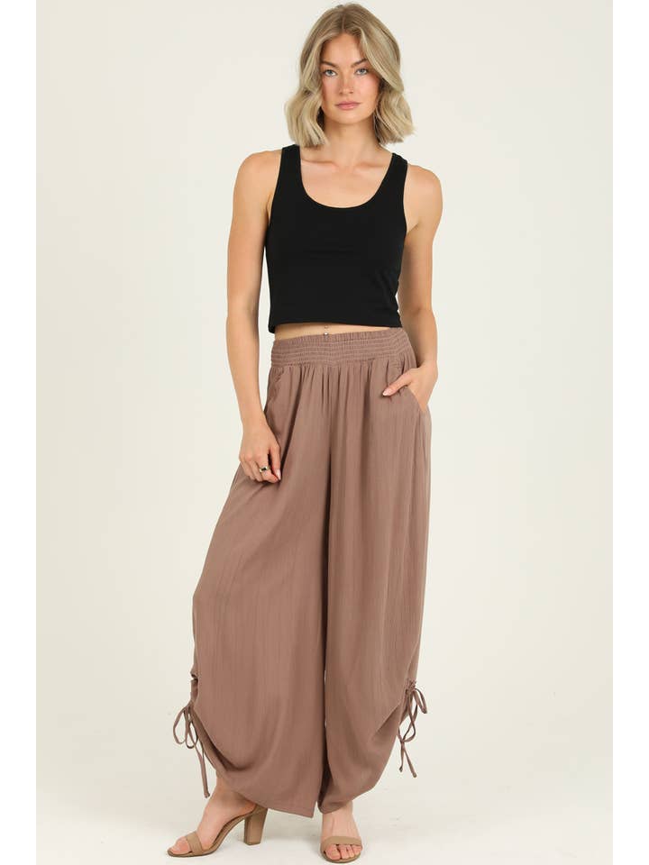 ANGIE - Wholesale Pants - Women's - B3710-ASIS SIDE CINCH WIDE LEG PANTS WITH SMOCKED WAIST AND 1