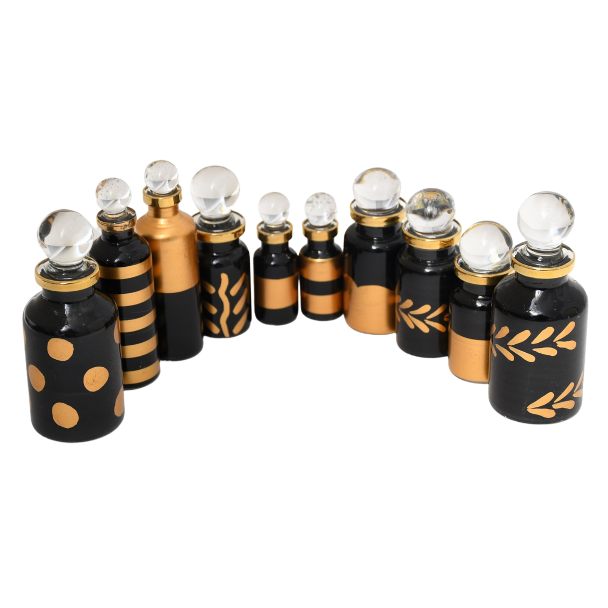 CraftsOfEgypt – wholesale Atomiser bottle – Genie Blown Glass Miniature Perfume Bottles for Perfumes and Essential Oils, Set of 10 Decorative Vials, Each 2" High (5cm), Black & Gold1