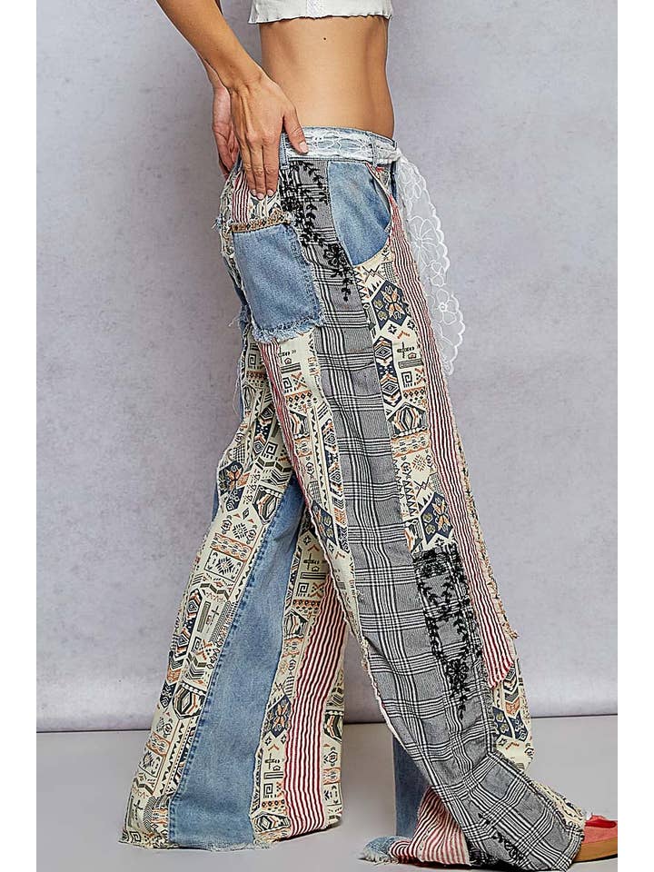 Pol Clothing - Wholesale Jeans - Women's - Patchwork relaxed woven denim pant