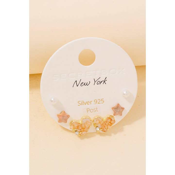 Set di Orecchini a Perno con Cuore, Stella e Perla Placcati in Oro per la vendita all'ingrosso da parte di Anarchy Street