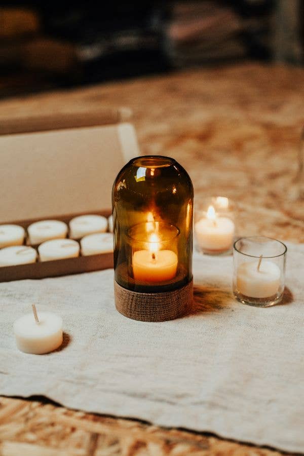 Old Green – wholesale Candle holder – Rustic Wood & Recycled Olive Green Glass Dome1