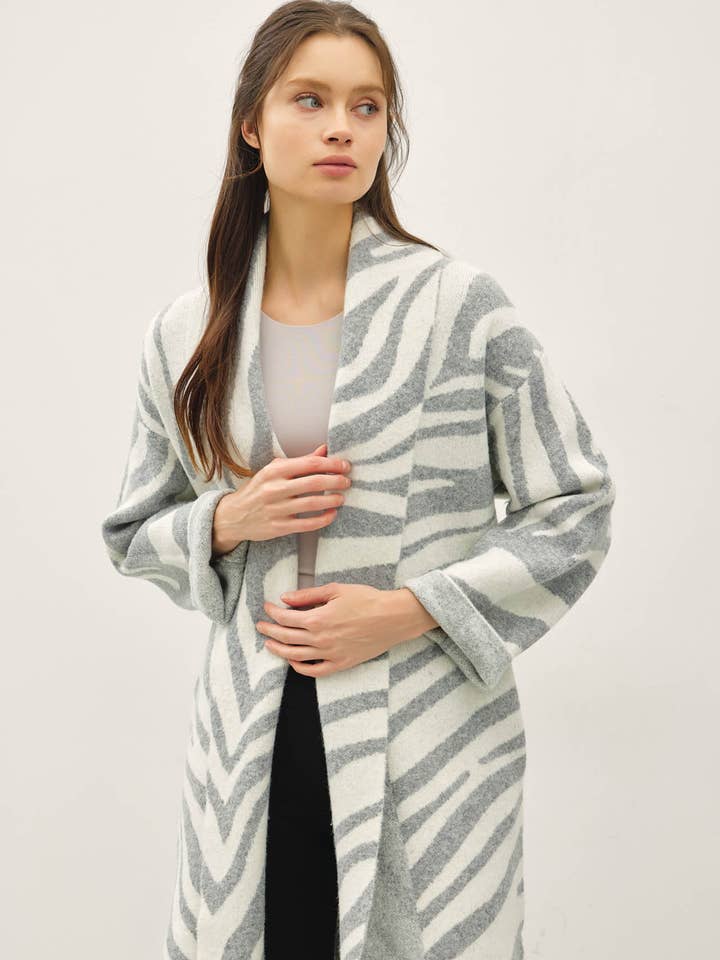 STUNNING ZEBRA PRINTED WOOL BLEND OPEN COATIGAN for wholesale by Be Cool