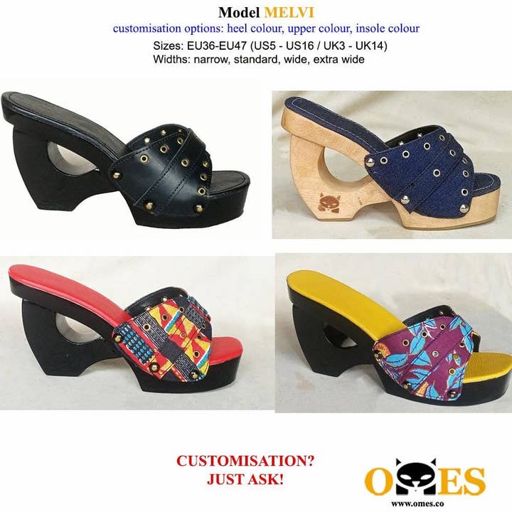 Melvi : Mule à talon compensé sculptural en bois avec bride arrière pour la vente par OMES