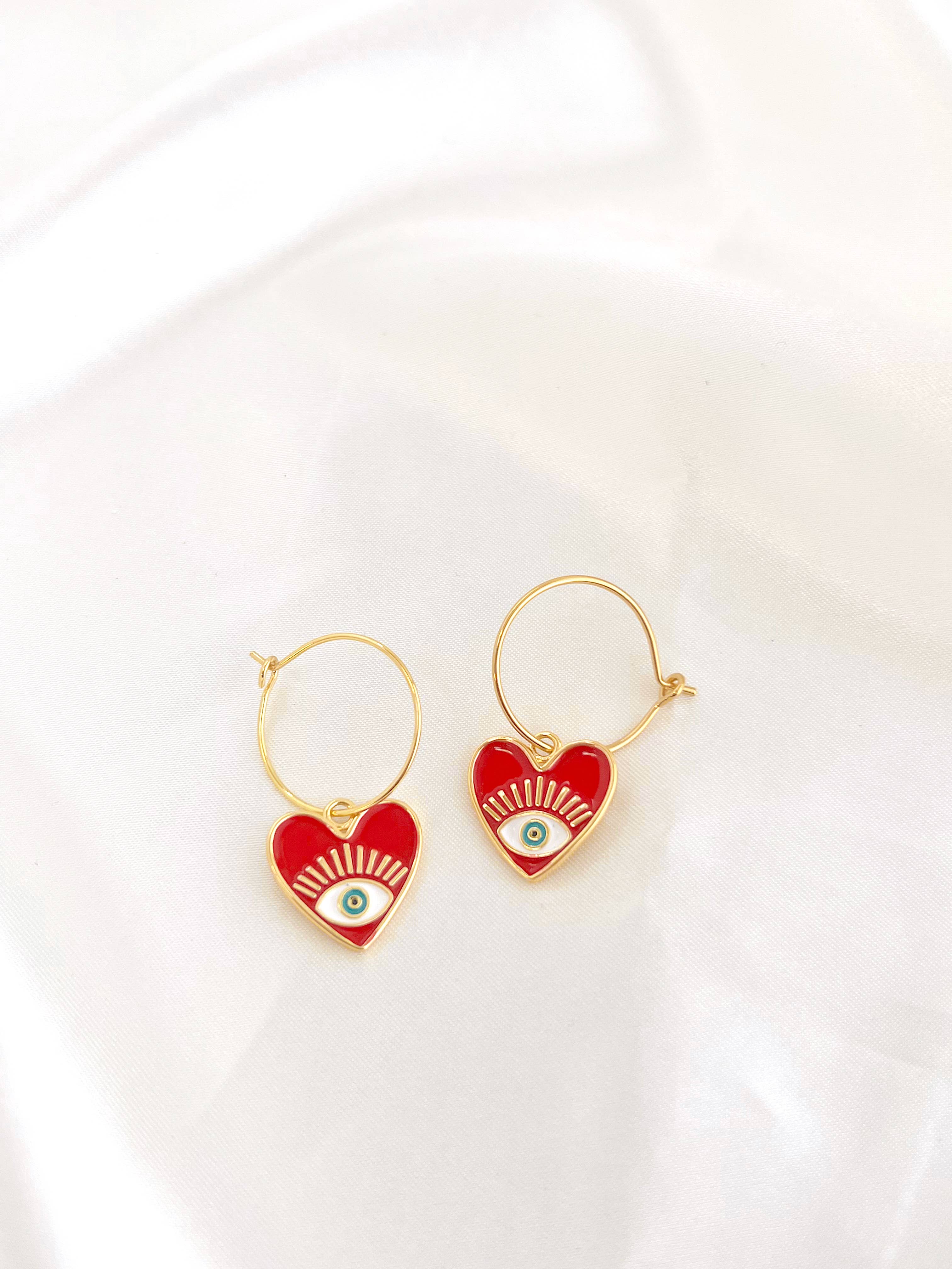 Golden Hour Designs - Venta al por mayor Pendientes de aro - Pendientes de Aro Corazón de Protección - Ojo Turco, Esmalte, Místico1