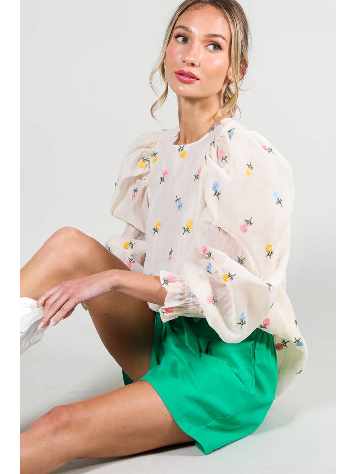 Vine & Love - Wholesale Blouse - Women's - Embroidered Long Puff Organza Blouse Top VT60375A10