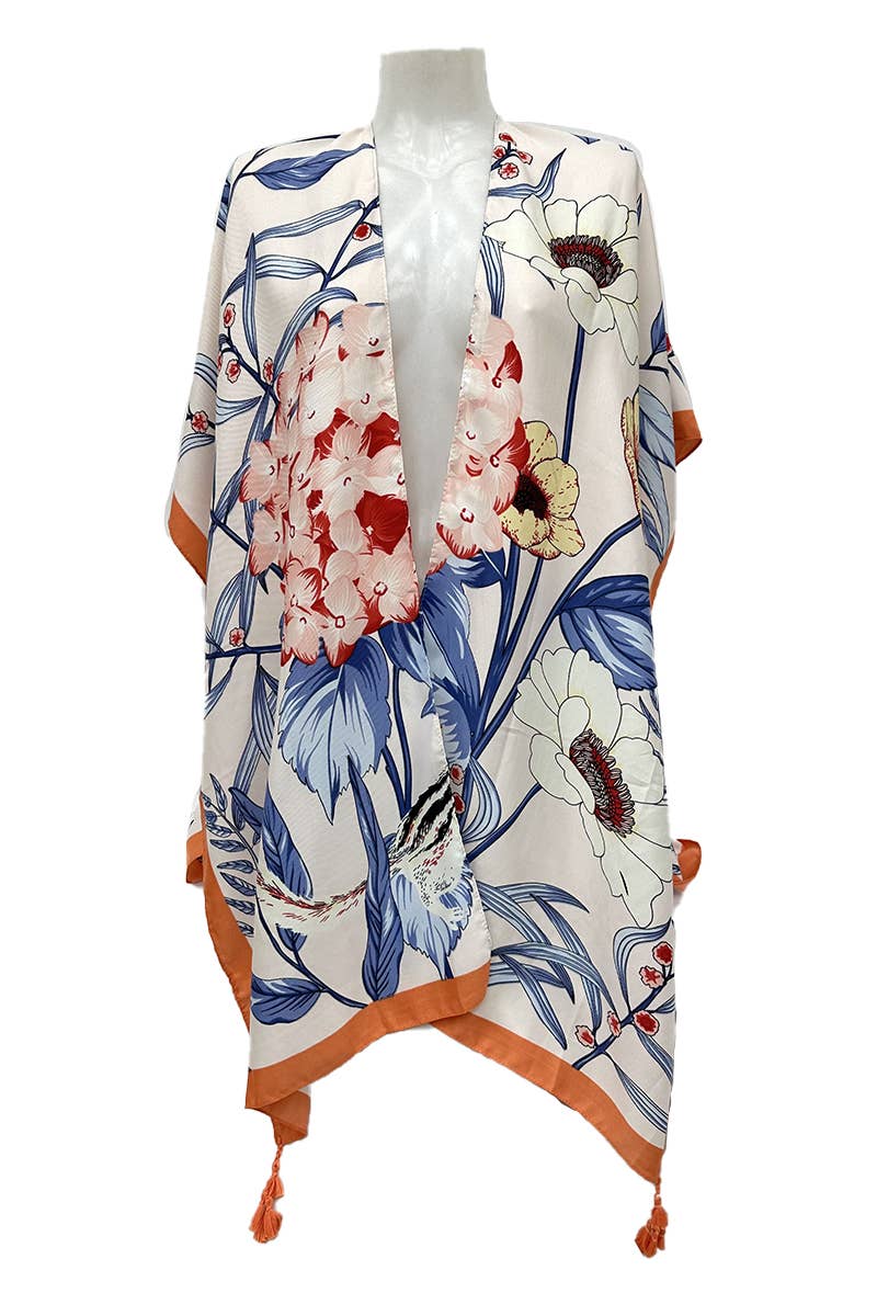 Ecru Poncho aperto da spiaggia con motivo fiori e foglie / PL2486 in vendita all'ingrosso su Faire2