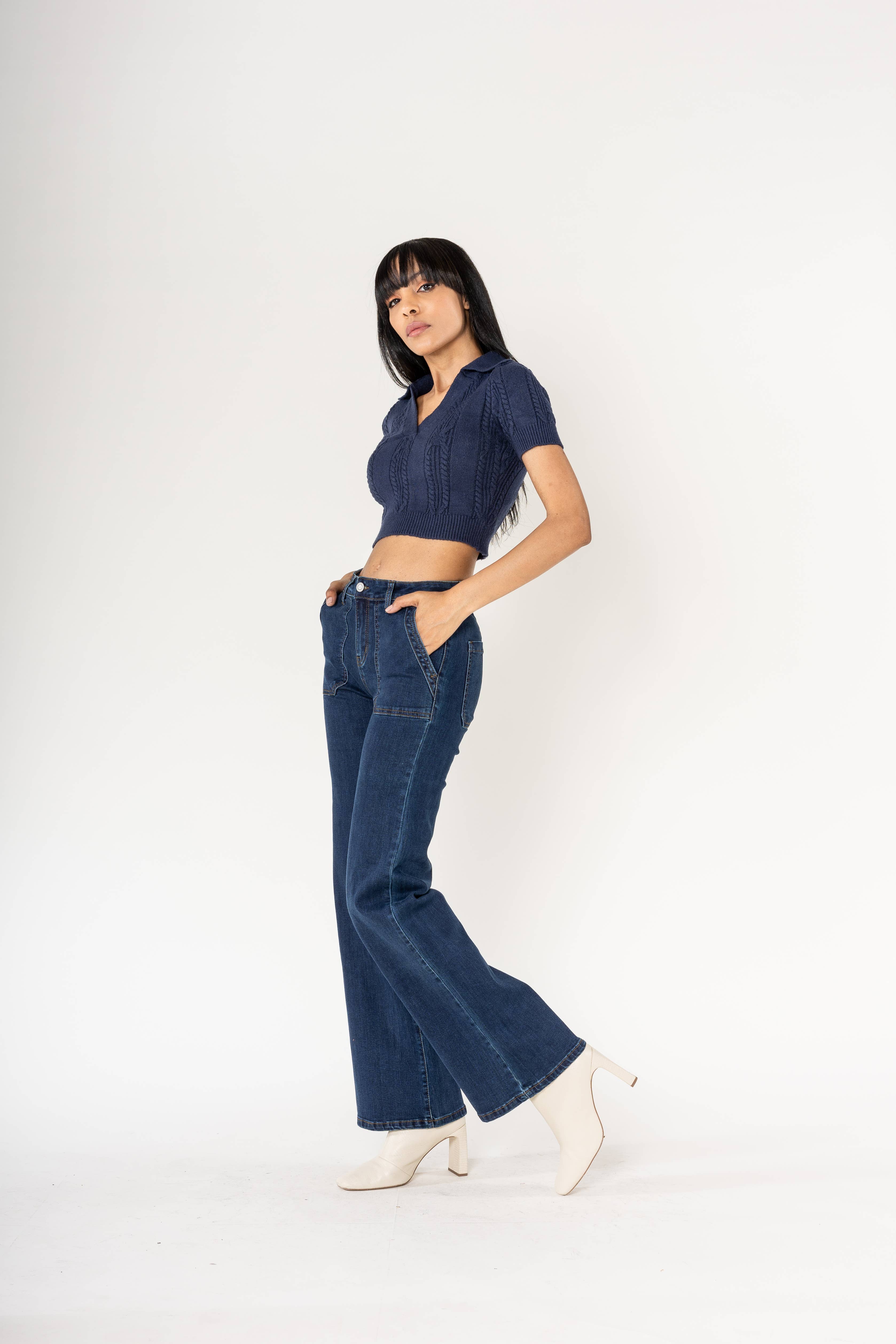 Nina Carter - Vendita all'ingrosso Jeans - Donna - Jeans svasati elasticizzati a vita alta larghi P12315