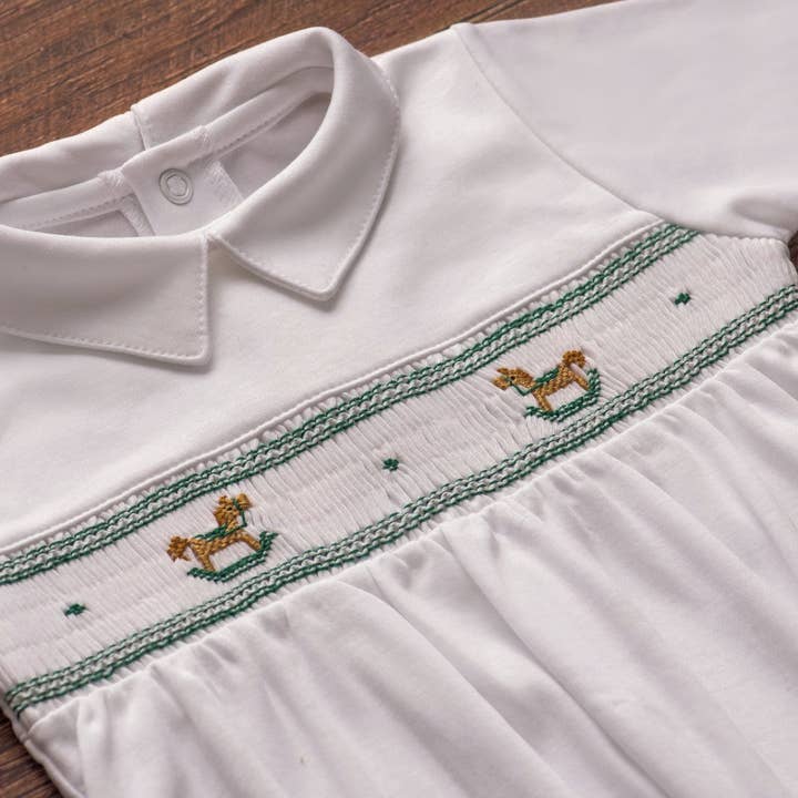 Baby Bubble a forma di camice con cavalli a dondolo, colore verde per la vendita all'ingrosso da parte di Almudena Baby