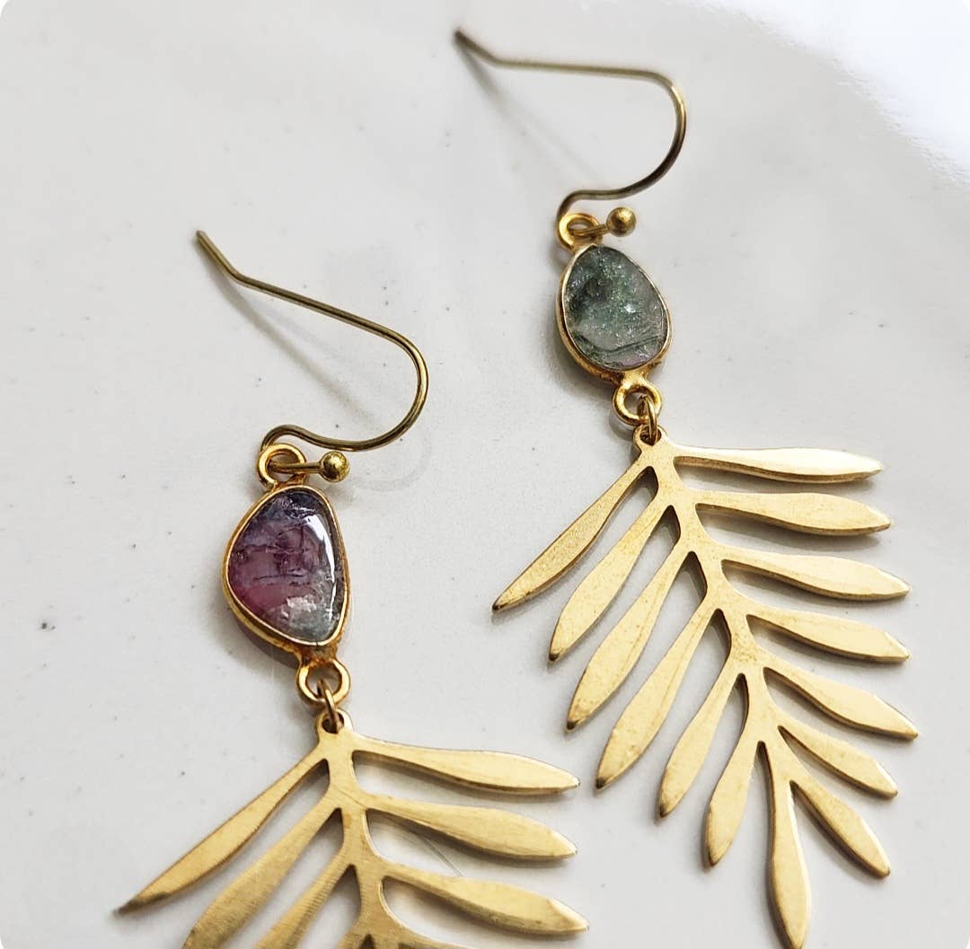 Sara Sela Jewelry - Wholesale Dangle Earrings - Brass Fern Leaf & Watermelon Tourmaline Dangle Earrings1
