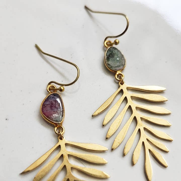Sara Sela Jewelry - Wholesale Dangle Earrings - Brass Fern Leaf & Watermelon Tourmaline Dangle Earrings1