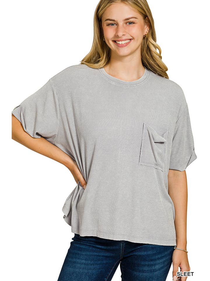 Vanilla Monkey - Vente Haut en maille – femme - Top côtelé à manches courtes et col rond délavé11