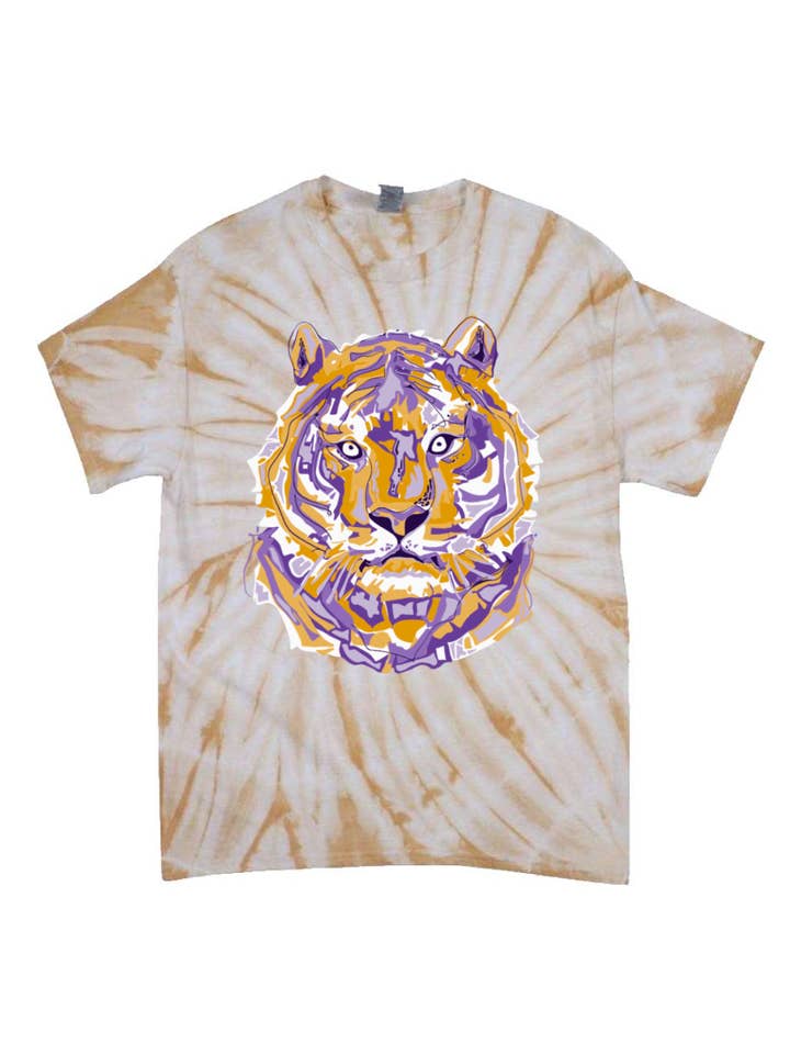 Pink House On River Road - Wholesale Screen Printed T-Shirt - Women's - Layered Purple and Gold Tiger Mascot Tie Dye Graphic Tee