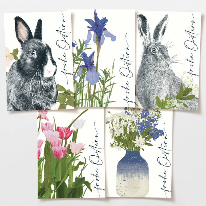 Osterkarten Sortiment 5 Motive, frohe Ostern, FSC Papier für den Großhandel von Wildblumen Atelier
