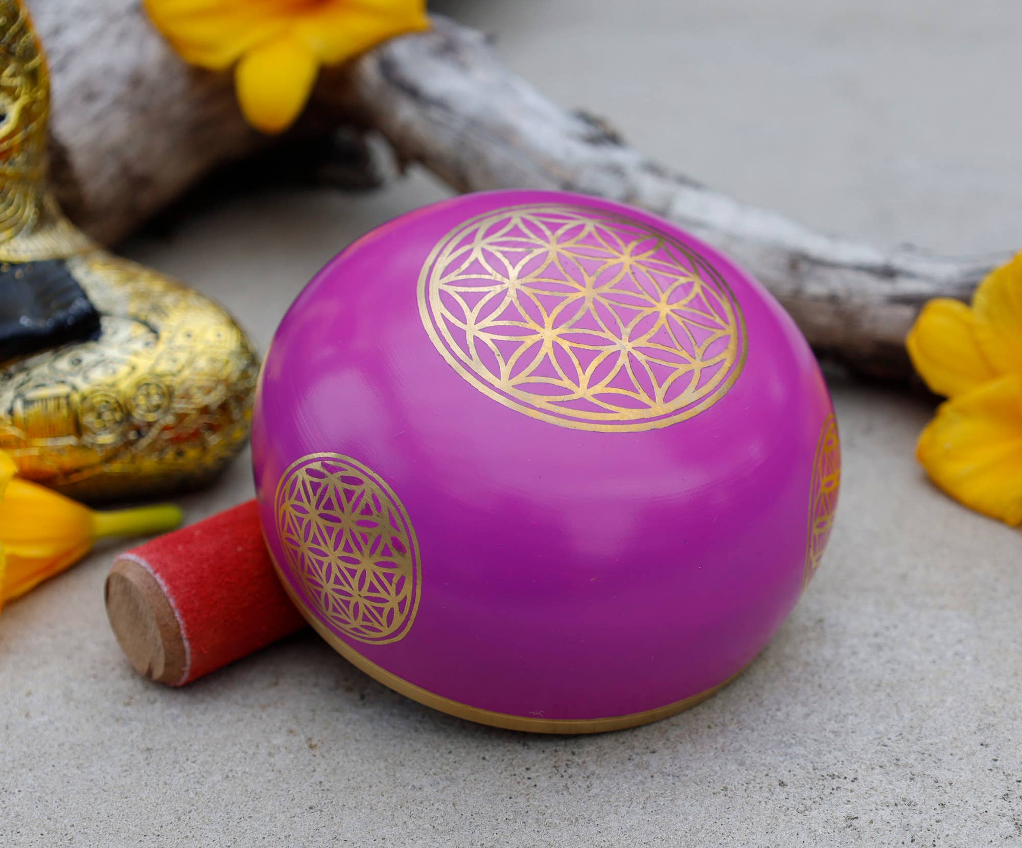 Lungta Imports - Wholesale Meditation Supplies - Singing Bowl Complete Set ~ Flower Of Life ~ Medium Size2