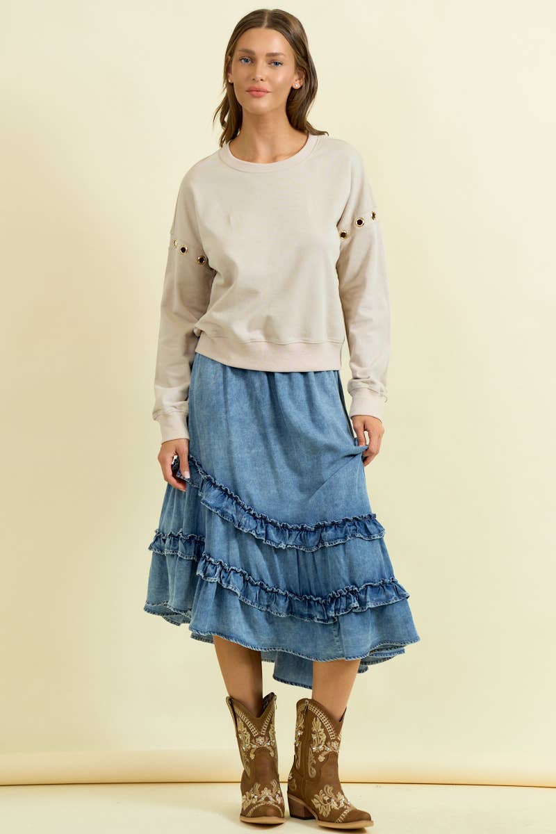 DENIM ASYMMETRISK VOLANG MIDI-KJOL - 6606S för wholesale på Faire4