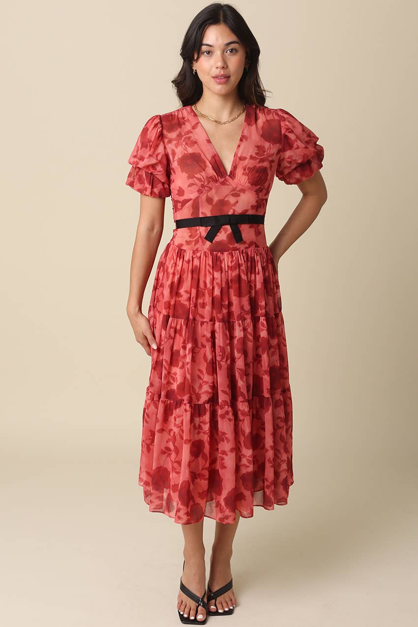 Lyserød Rød Claudia Blomstret Maxi Kjole for engroshandel på Faire1