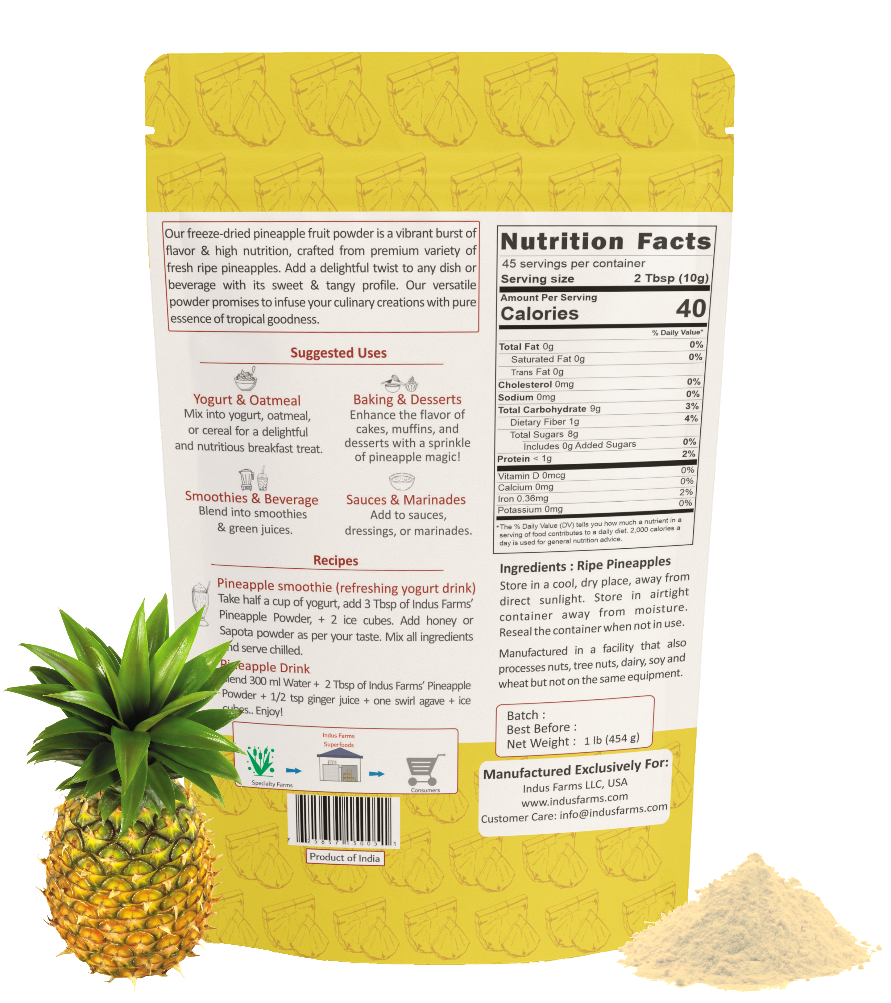 Indus Farms Superfoods - Wholesale Protein/superfood powder - 100% Pure Freeze Dried Pineapple Fruit Powder, Additive-Free1