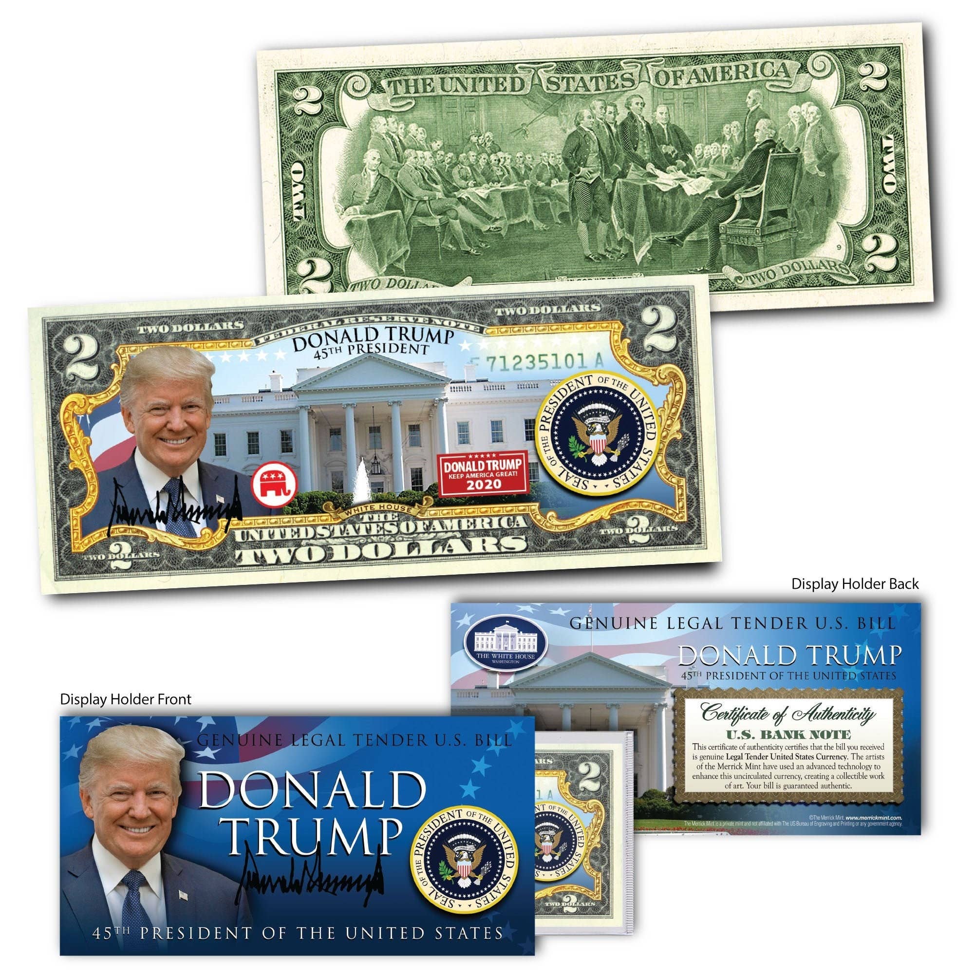 The Merrick Mint - Wholesale Keepsake Coin/Token - Donald Trump "Whitehouse 2020" Genuine Legal Tender Two Dollar Bill In Full Color Holder - New - Fast And Free Shipping!0