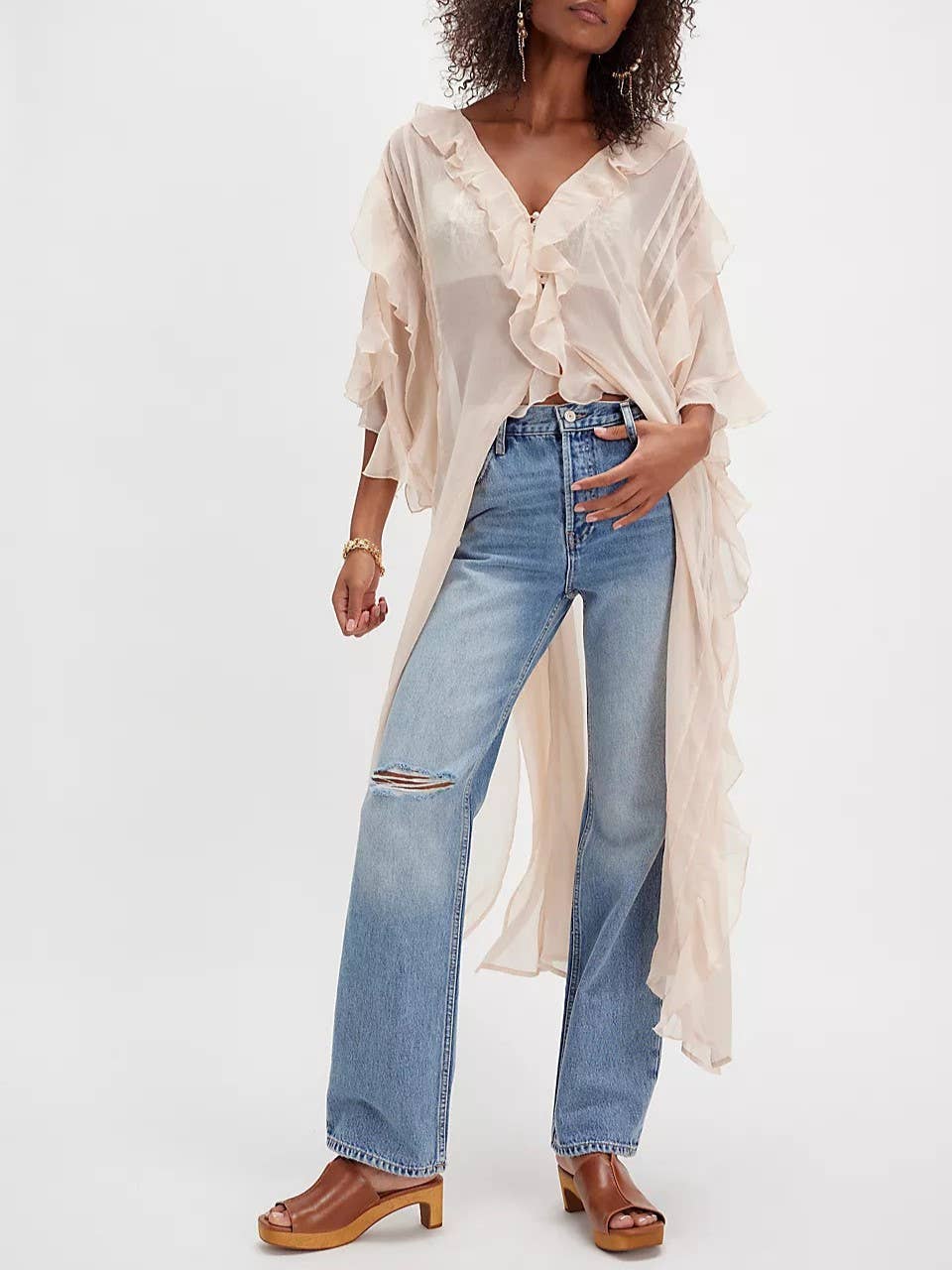 Rosa Clothing - Wholesale Jacket - Women's - Boho lightweight sheer ruffle maxi top duster kimono jacket
