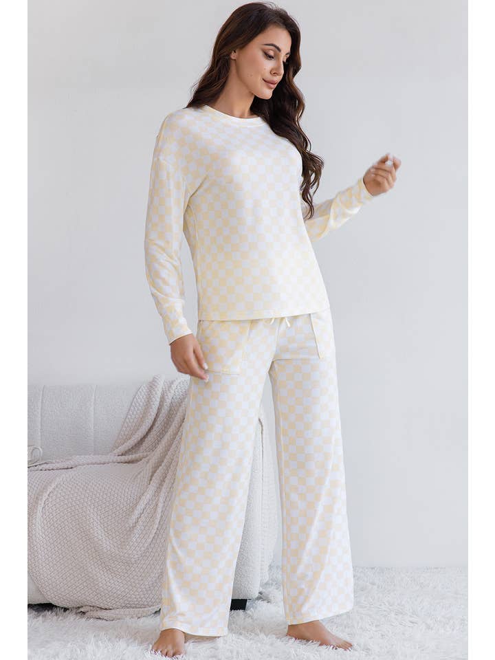 Beige Checkered Print Long Sleeve Top and Pants Lounge Set for wholesale on Faire
