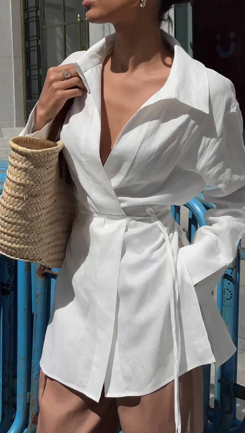 Marayn – wholesale Buttoned-down shirt – Women's – White Linen TieFront Blouse EuroChic Autumn Style3