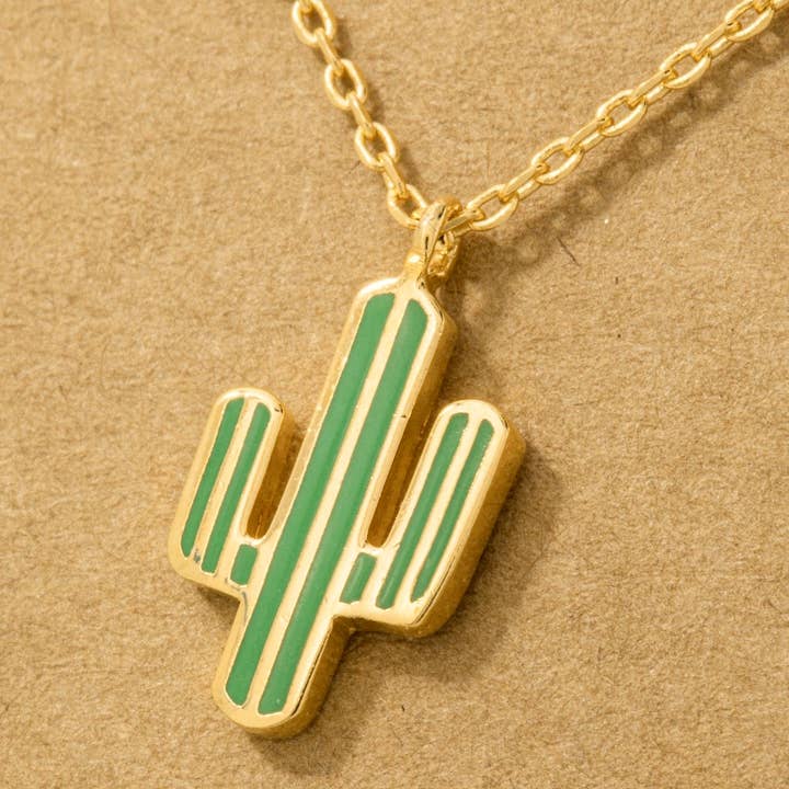 Fame Accessories - Wholesale Pendant/Charm Necklace - Gold Dipped Enamel Cactus Pendant Necklace3