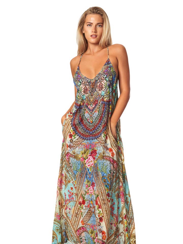 Queens Garden Bohemian T-back Maxi klänning med fickor fram för wholesale av La Moda Clothing