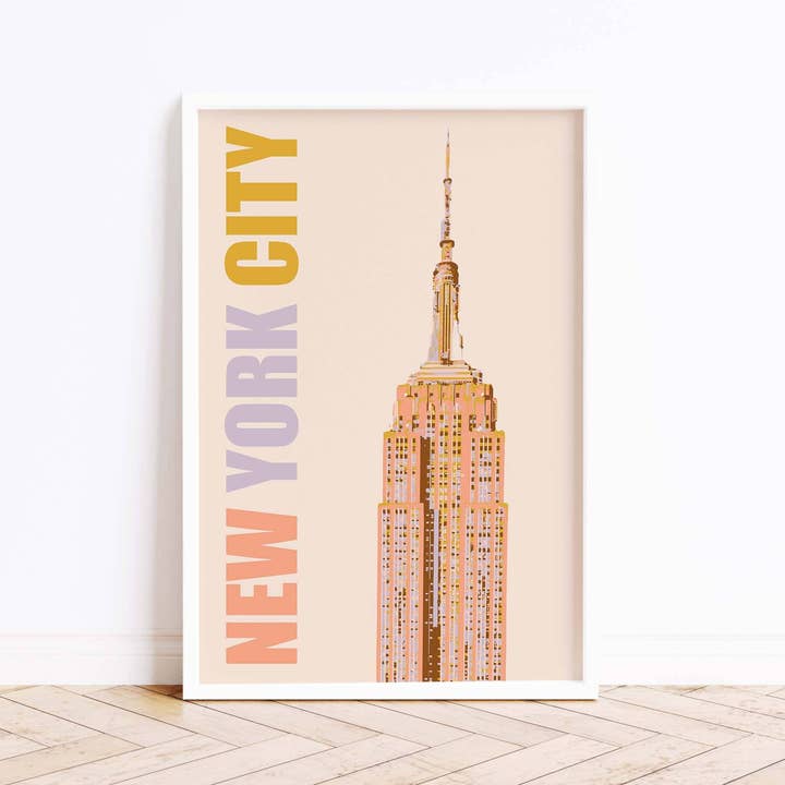 Newpencilbox Art - Venta al por mayor Ilustración - Impresión artística del Empire State de la ciudad de Nueva York, tipografía en colores pastel suaves