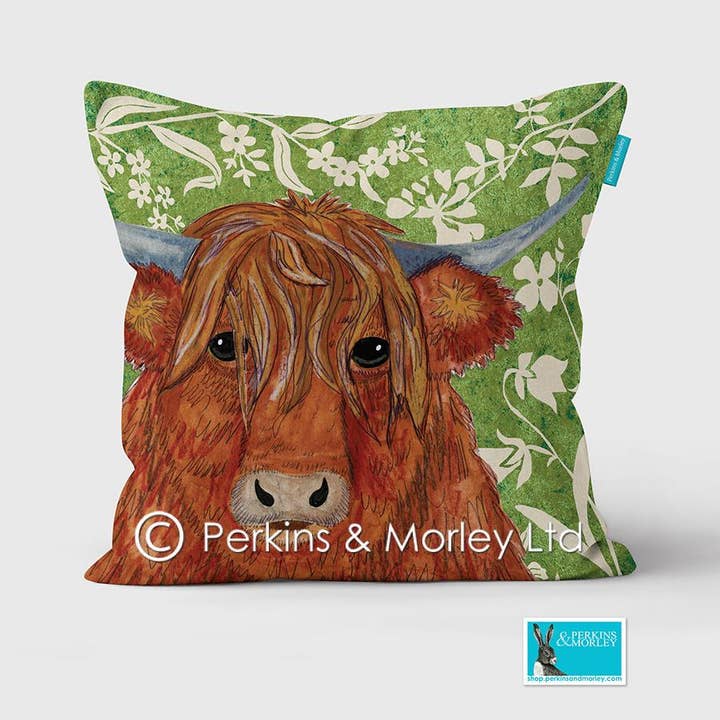 Perkins & Morley – wholesale Throw/decorative pillow – Wild Wood Highland Cow Cushion