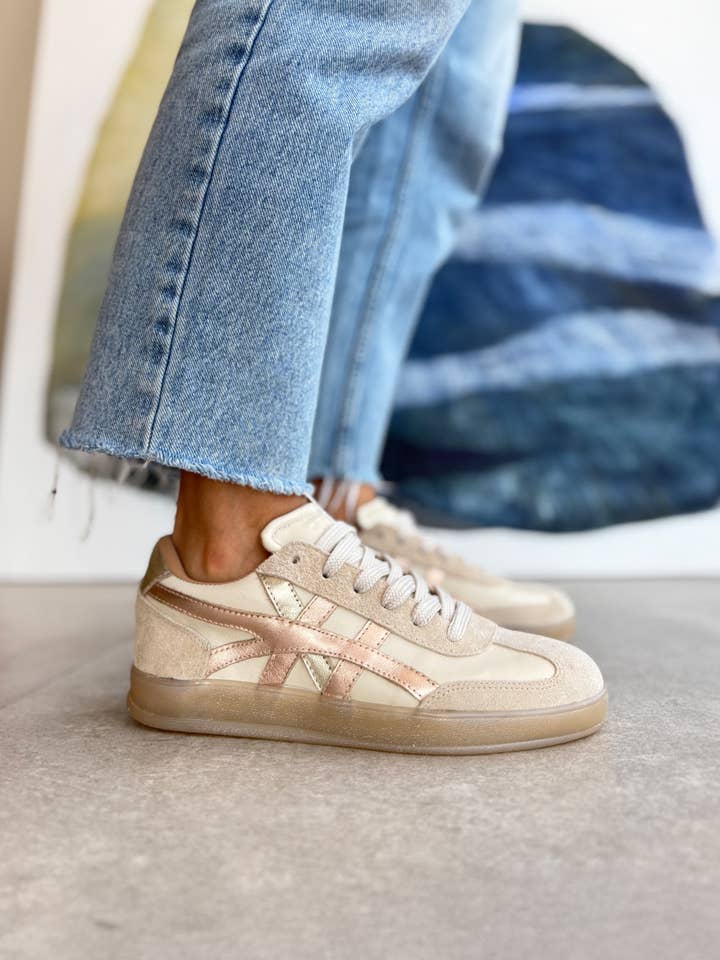 Demi Beige – Premium Leather Retro Sneaker for wholesale by PMK Shoes - Quick Ship Line