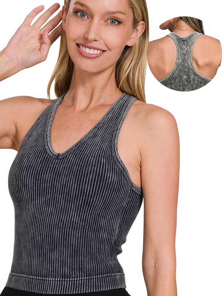 "...Reggiseno senza cuciture a coste lavato con imbottitura e scollo a V" per la vendita all'ingrosso da parte di 42POPS