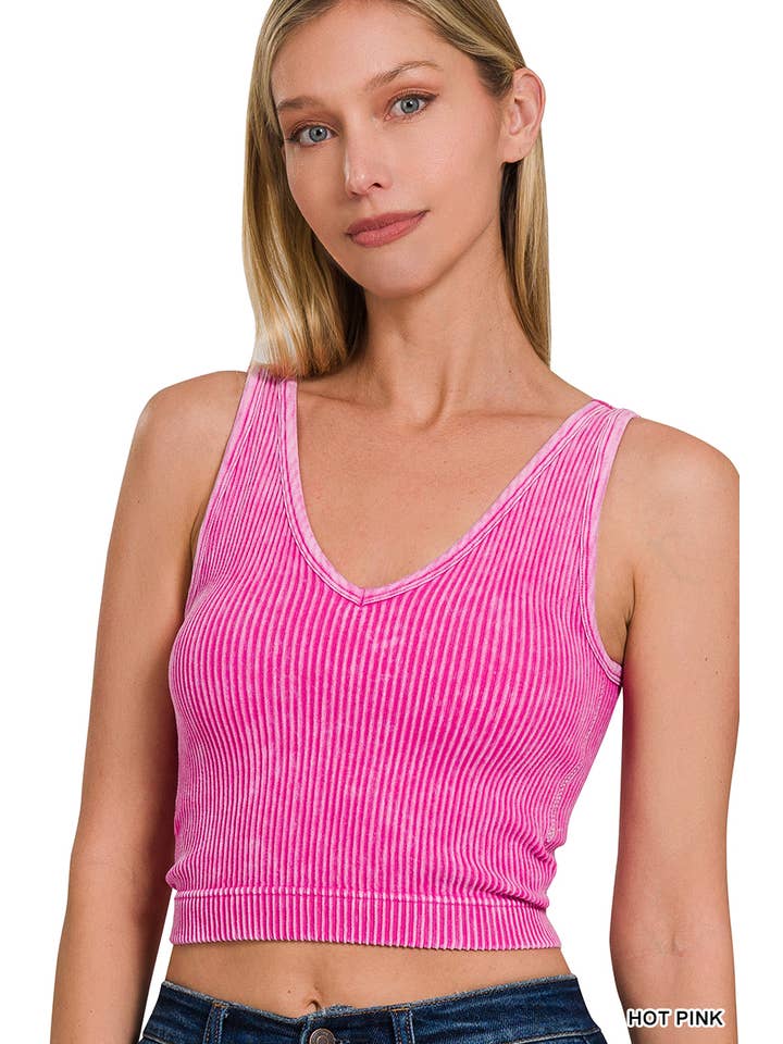 42POPS - Wholesale Tank Top - Women's - ',,,_....WASHED RIB CROP V-NECK TANK w/ removable bra