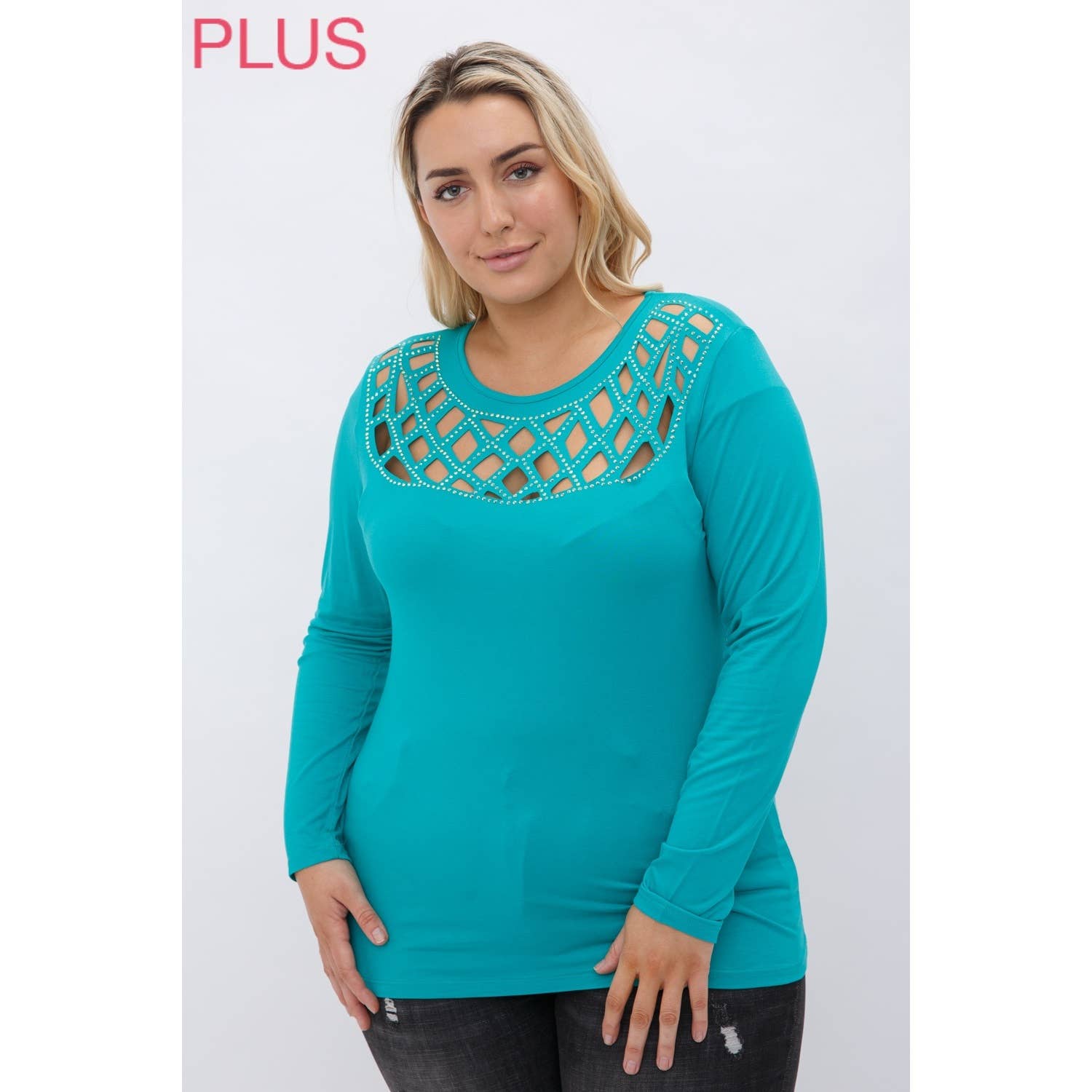 VOCAL - Wholesale Knit Top - Women's - CURVY LASER CUT LONG SLEEVE TOP WITH STONES6