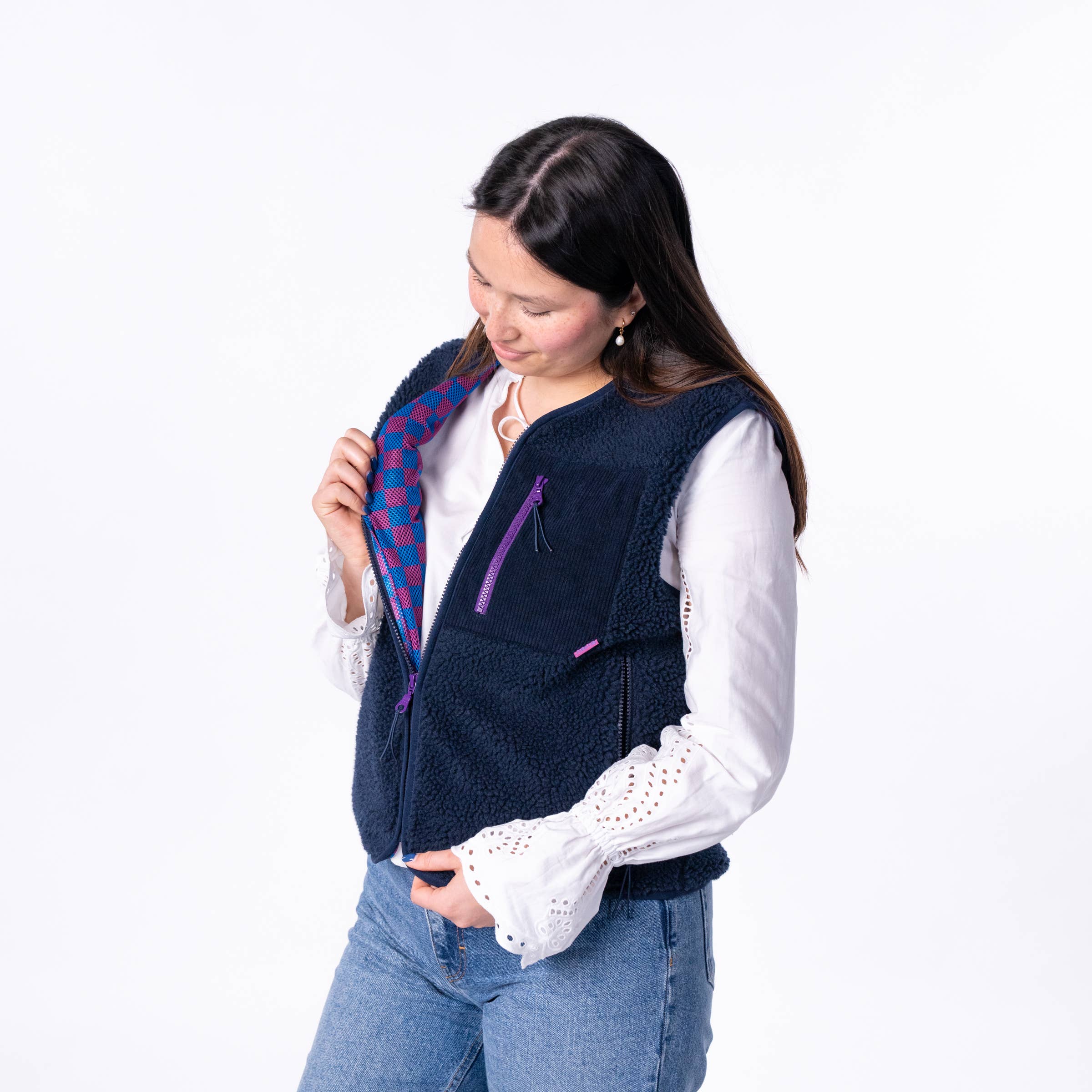 BILLYBELT - Wholesale Outerwear Vest - Women's - Women's sleeveless zip-up sherpa vest Navy3