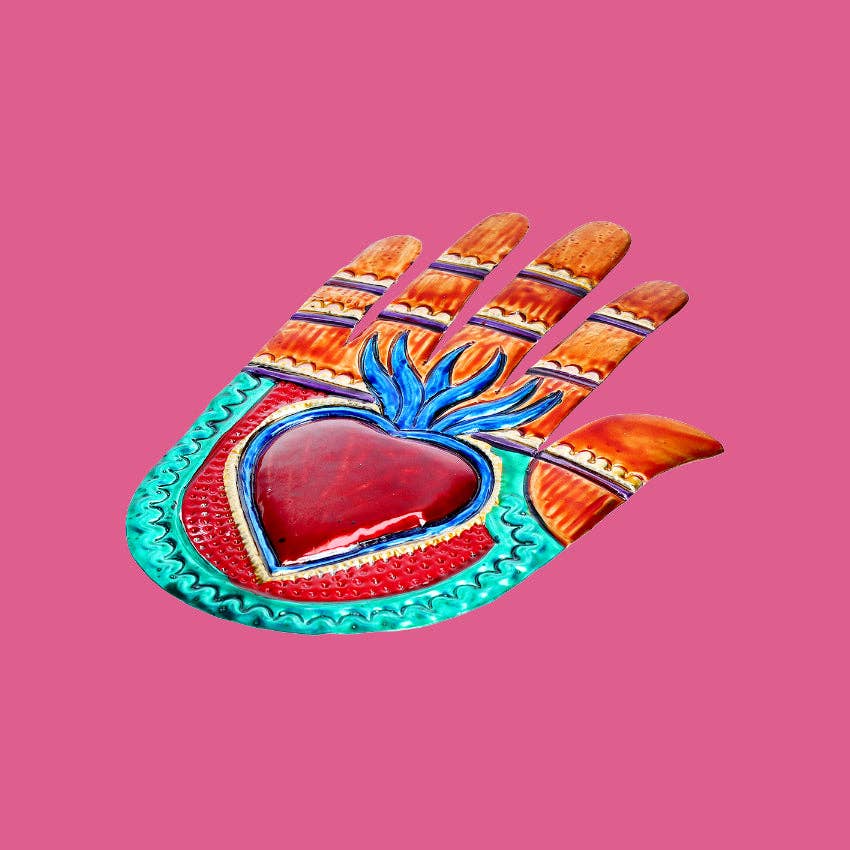 PINK PAMPAS - Wholesale Wall Accent - Ex Voto Mexican handmade hand with heart in bas-relief1