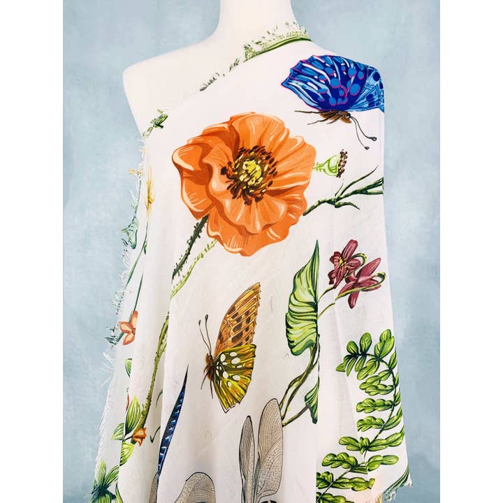 JC Sunny Fashion - Wholesale Scarf - Women's - White-Multi Dragonfly & Floral Scarf/Shawl