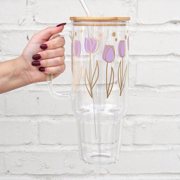Purple Tulips 40oz Glass Tumbler With Lid and Straw for wholesale by Sip-Sip Hooray!